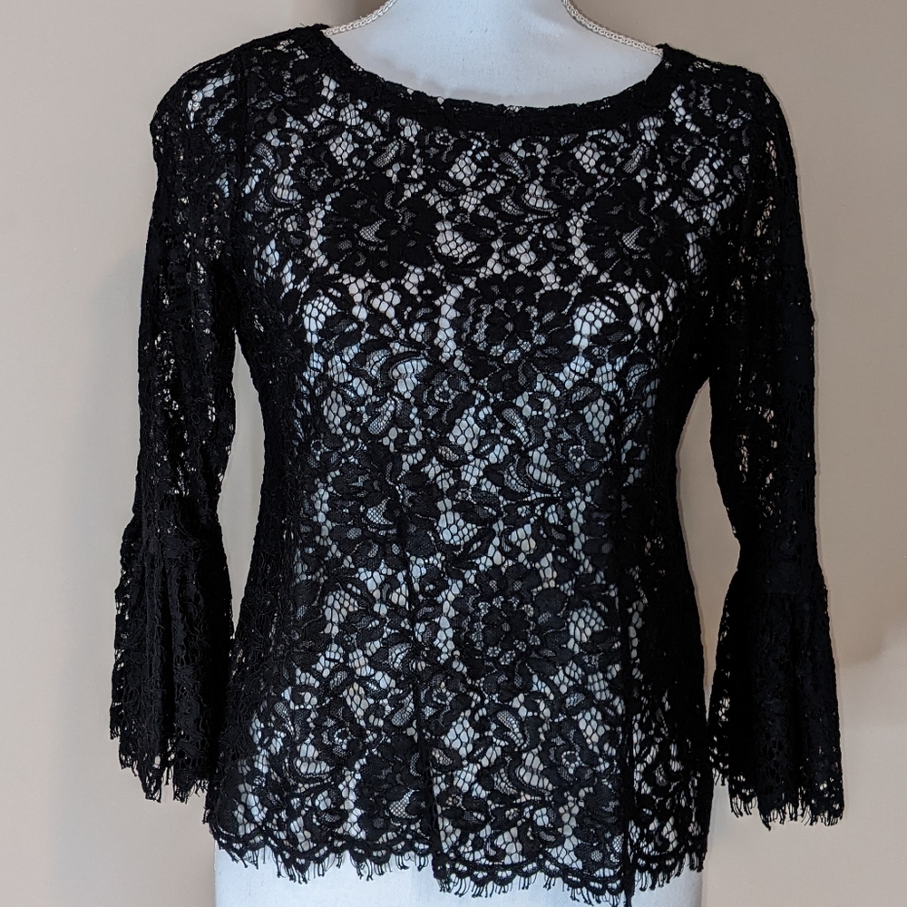 WHBM Sheer Lace Bell Sleeve Blouse Black SIZE 2